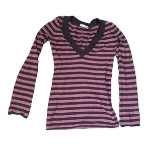 Old Navy Perfect Fit  Women's Long Sleeve V-Neck Sweater Sz XS Pink Brown Stripe